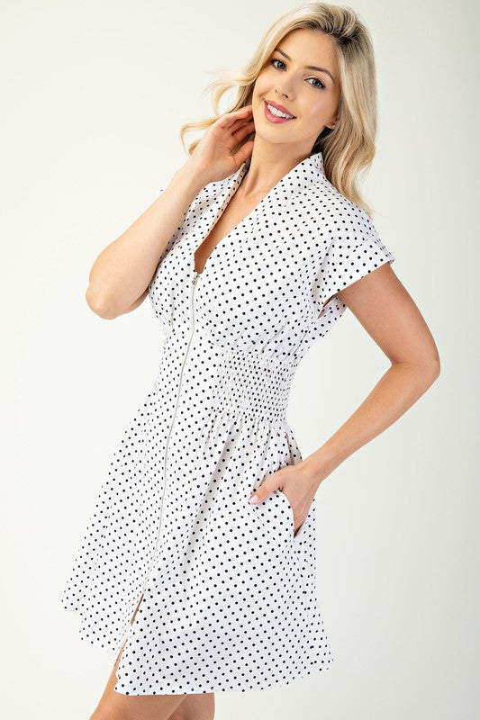 V-Neck Cuffs Sleeve Polka Dots Zipper Dress
