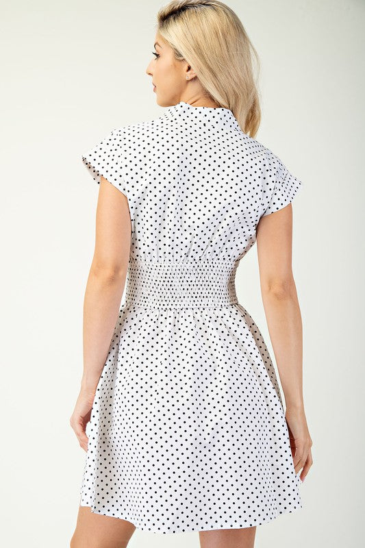 V-Neck Cuffs Sleeve Polka Dots Zipper Dress