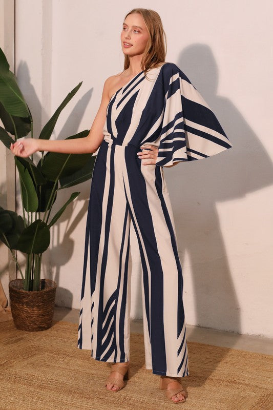 One Shoulder Stripes Jumpsuit