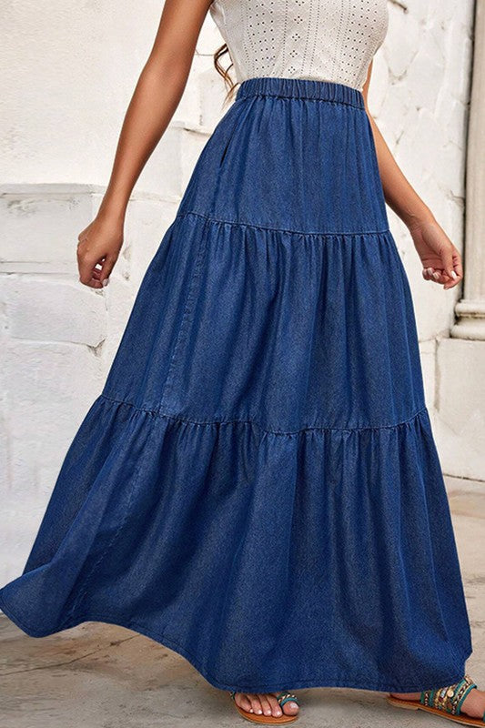 Denim Tiered Maxi Skirt