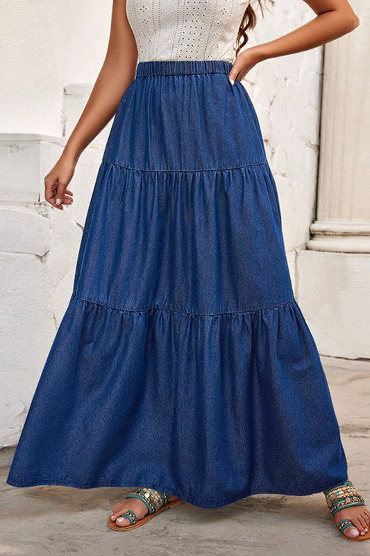 Denim Tiered Maxi Skirt