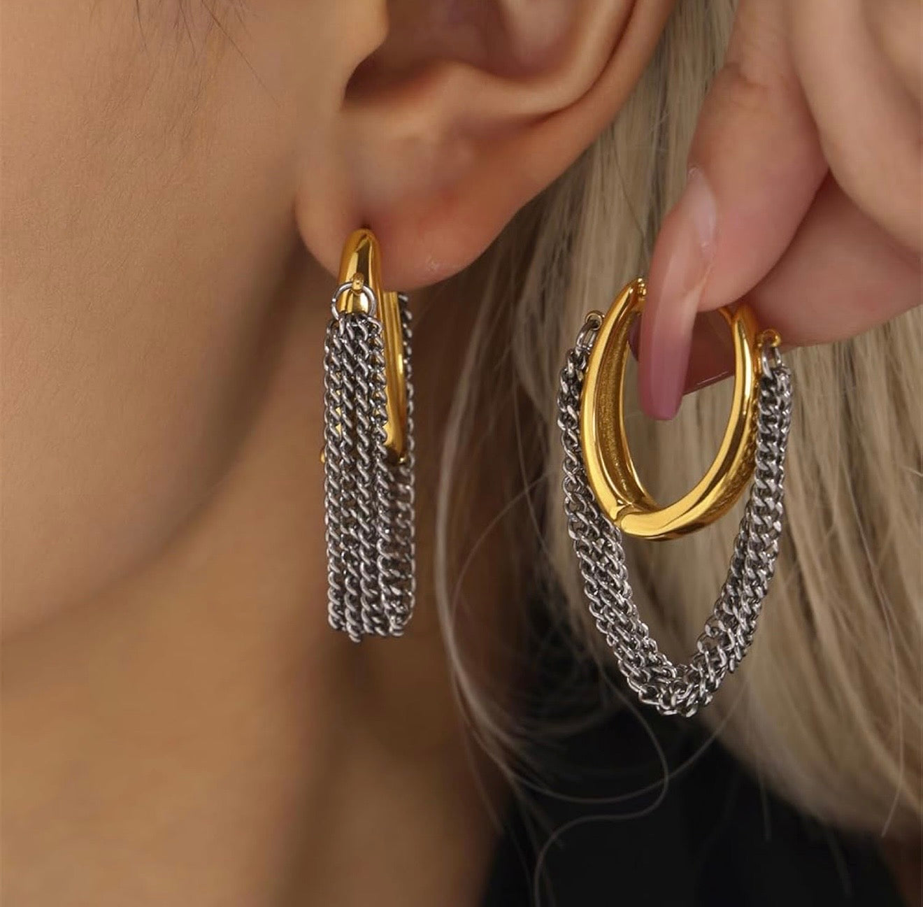 Two Tones Chain Hoop Earrings