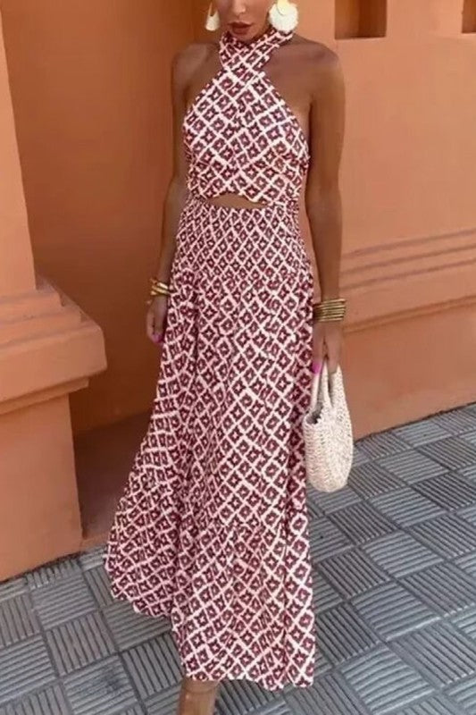 Geometric Print Strapless Skirt Set