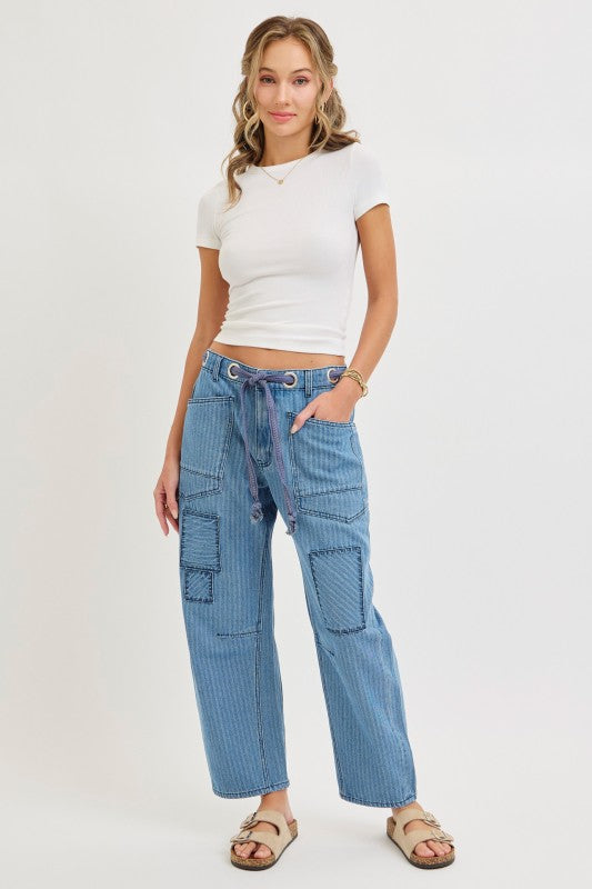 Striped Washed Patchwork Barrel Jean