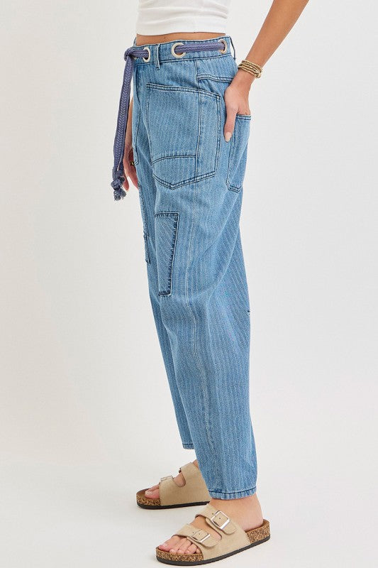 Striped Washed Patchwork Barrel Jean