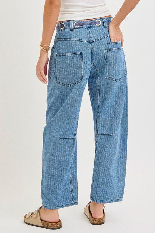 Striped Washed Patchwork Barrel Jean