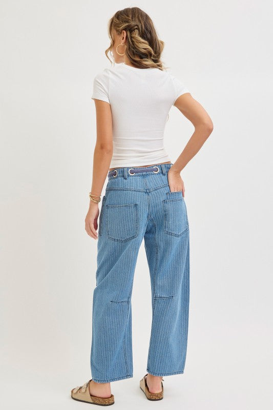 Striped Washed Patchwork Barrel Jean