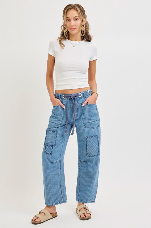 Striped Washed Patchwork Barrel Jean