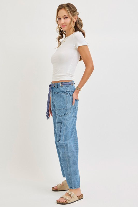Striped Washed Patchwork Barrel Jean