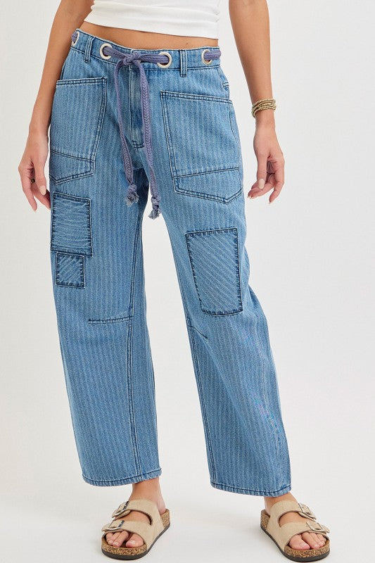 Striped Washed Patchwork Barrel Jean