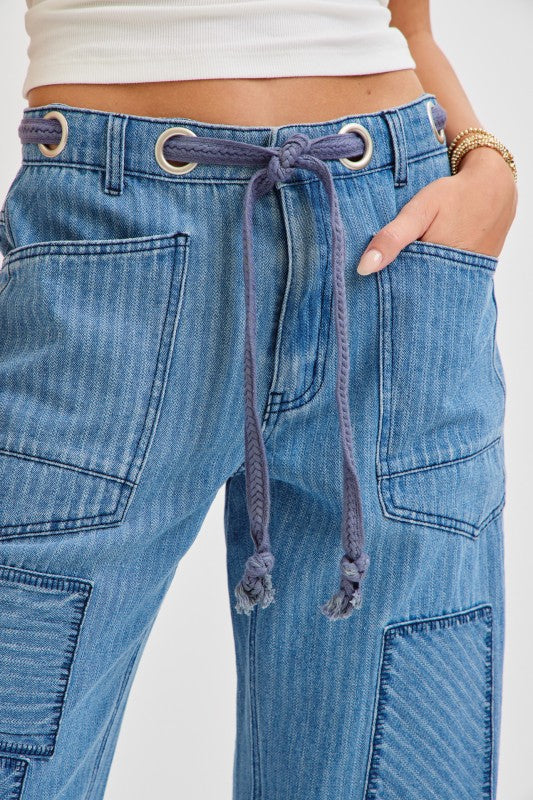 Striped Washed Patchwork Barrel Jean
