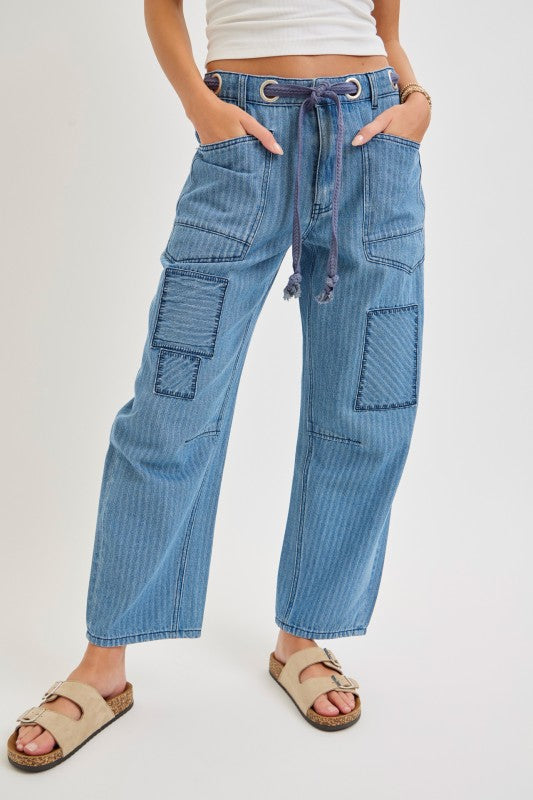 Striped Washed Patchwork Barrel Jean