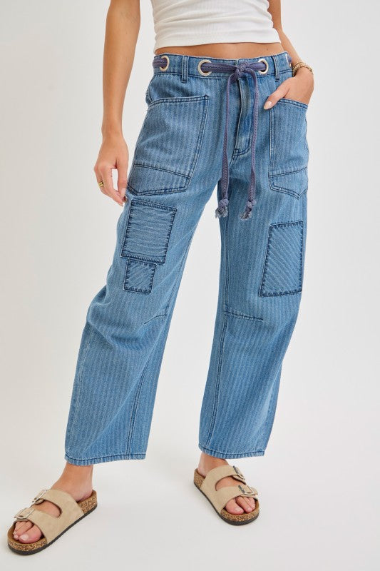 Striped Washed Patchwork Barrel Jean