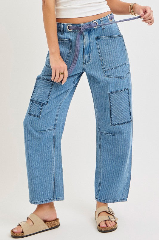 Striped Washed Patchwork Barrel Jean