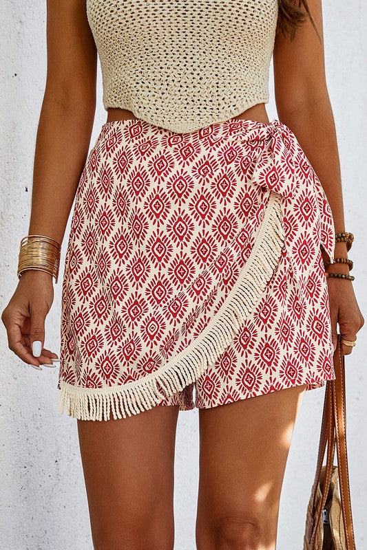 All Over Print Asymmetric Hem Tassel Shorts