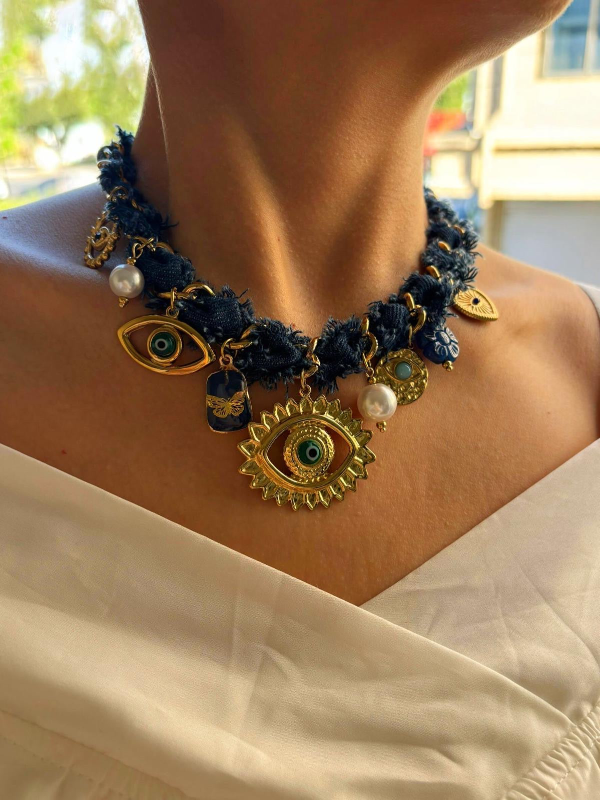 Evil Eye Denim Necklace