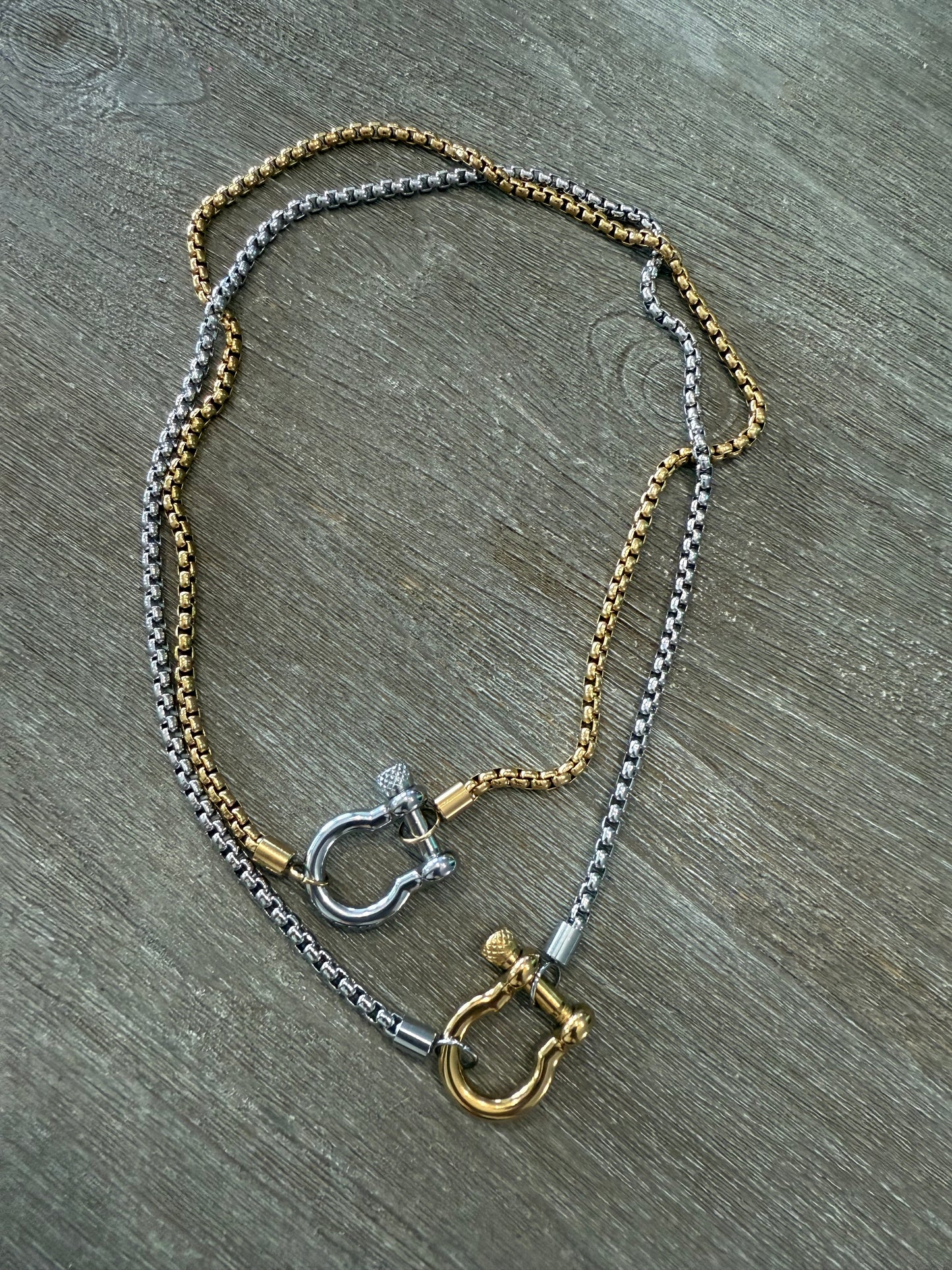 Heavy Screw Anchor Shackle two Tone SS Necklace (Pick Color)