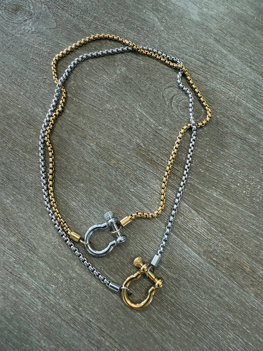 Heavy Screw Anchor Shackle two Tone SS Necklace (Pick Color)