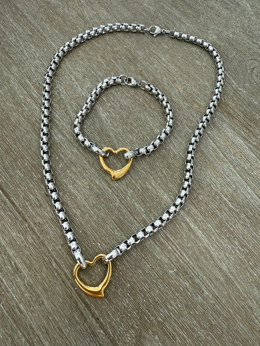 2 Tones Heart Bracelet & Necklace Set