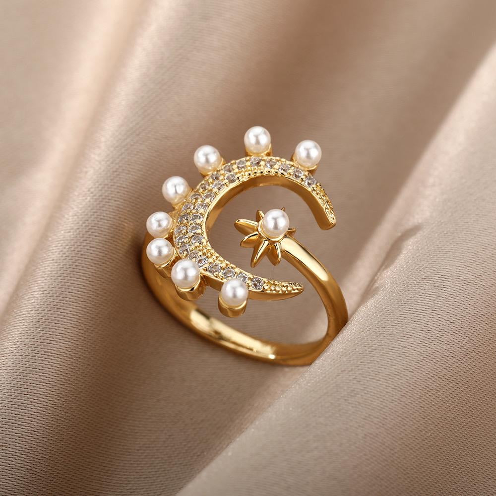 Moon Star Pearl Rhinestone Ring