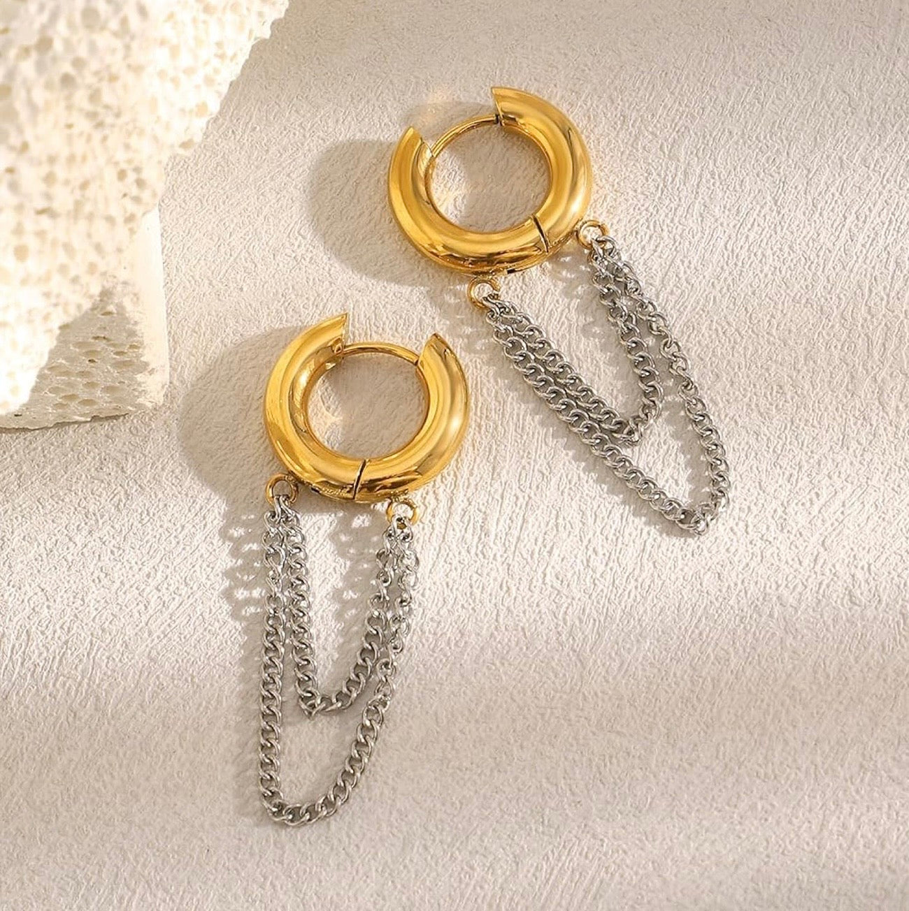 Two Tones Tassel Chain Hoops Earrings