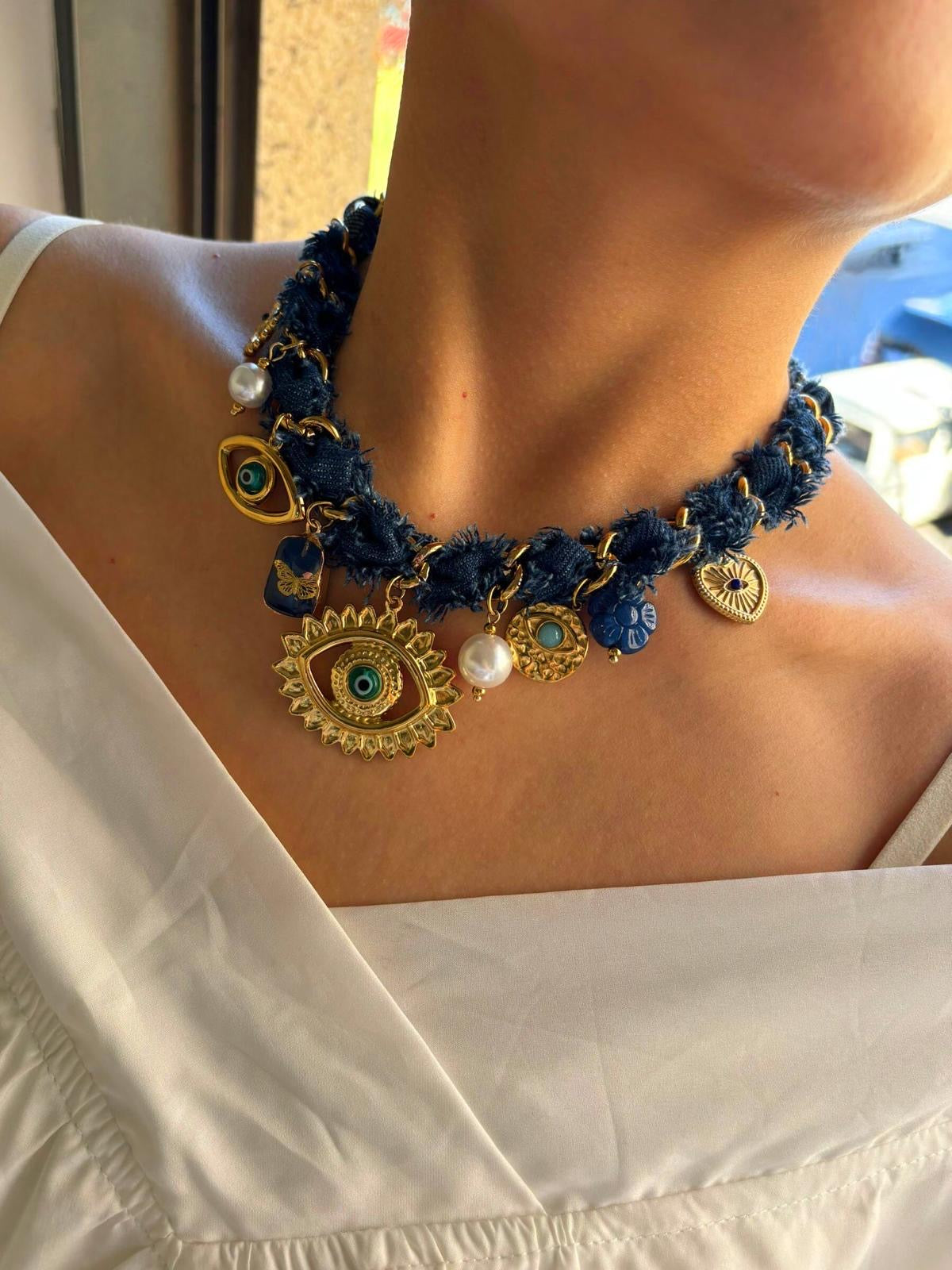 Evil Eye Denim Necklace