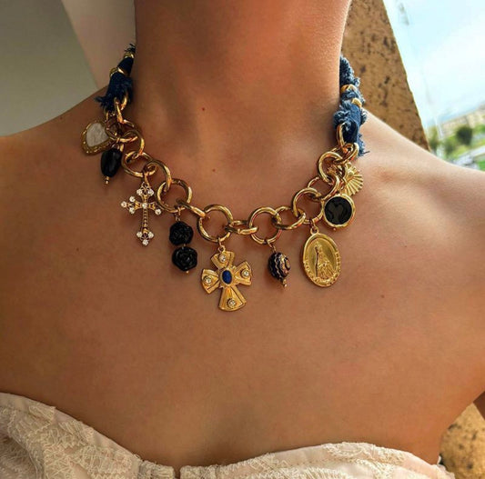 Multi Charms Denim Detail Necklace