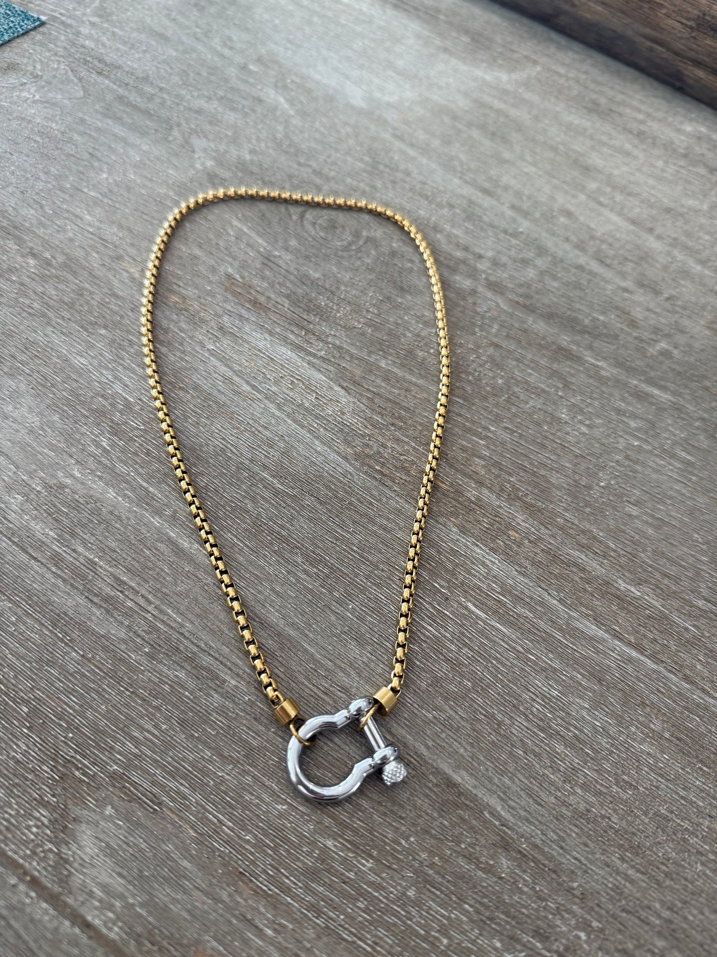 Heavy Screw Anchor Shackle two Tone SS Necklace (Pick Color)