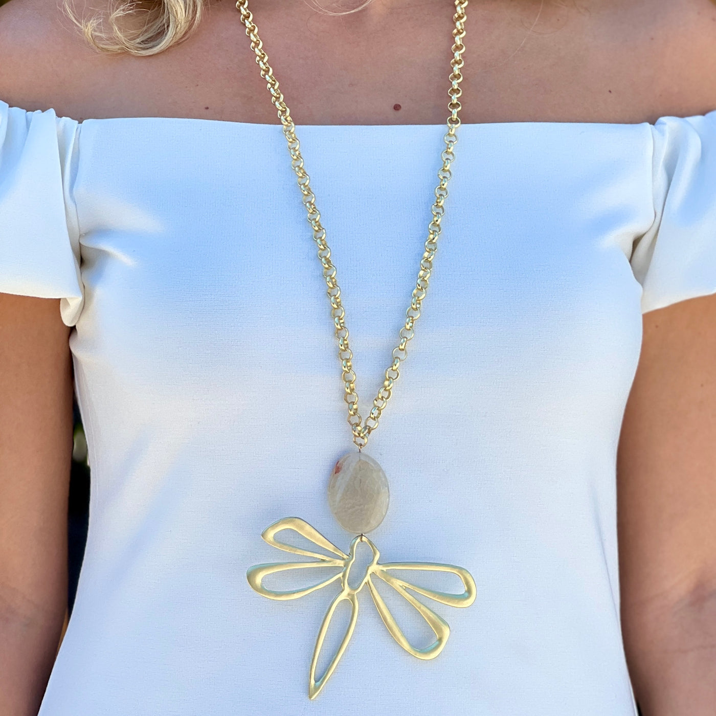 Dragonfly With Cream Stone Turkish Necklace
