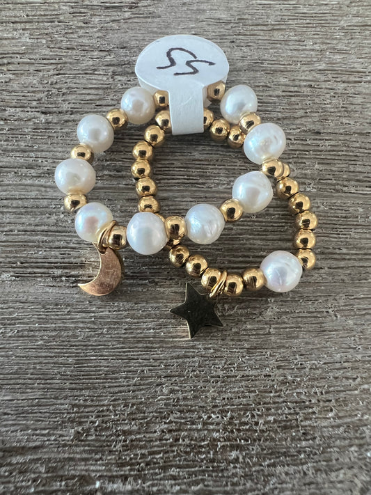 Two Set Pearls & Beads Elastic Ring