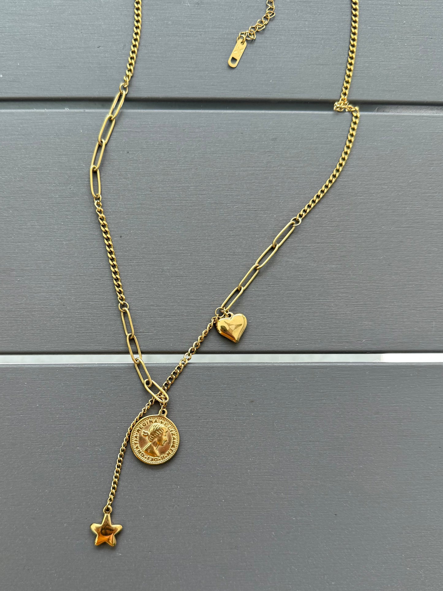 Coin, Star, Heart Lariat Necklace