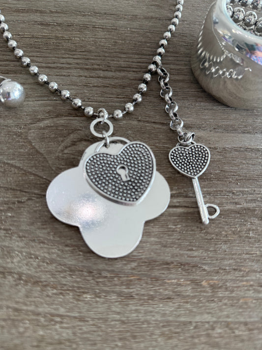 Lock & Key Long Silver Necklace
