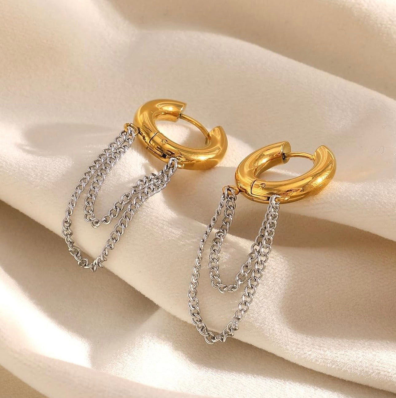 Two Tones Tassel Chain Hoops Earrings