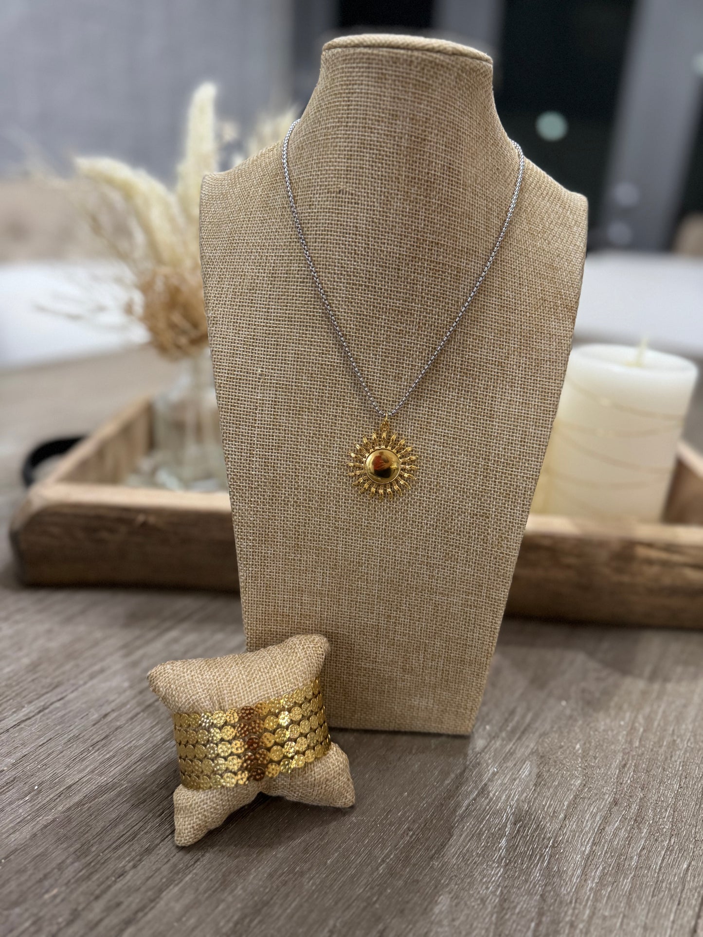 Two Tones Sun Charm SS Necklace