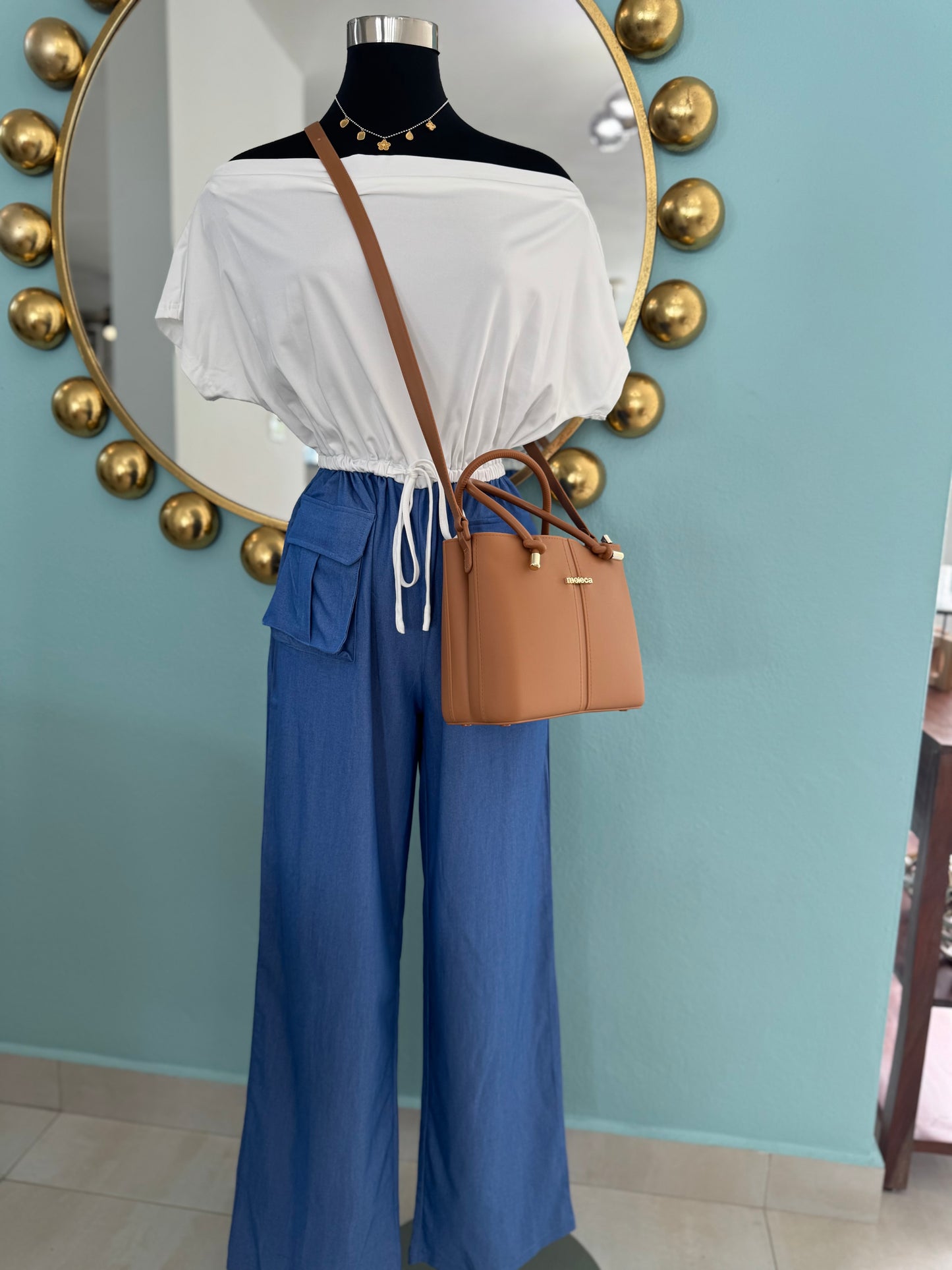 Off Shoulder Denim Jumpsuit