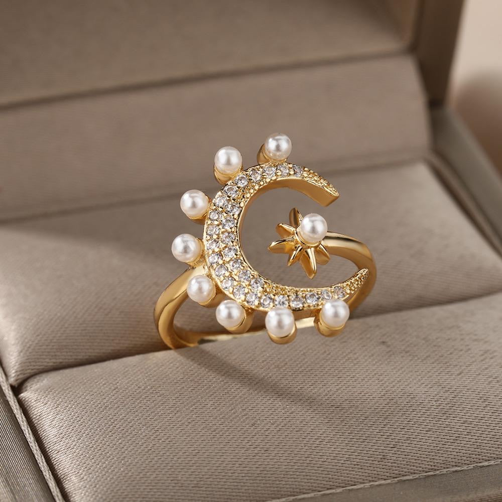 Moon Star Pearl Rhinestone Ring