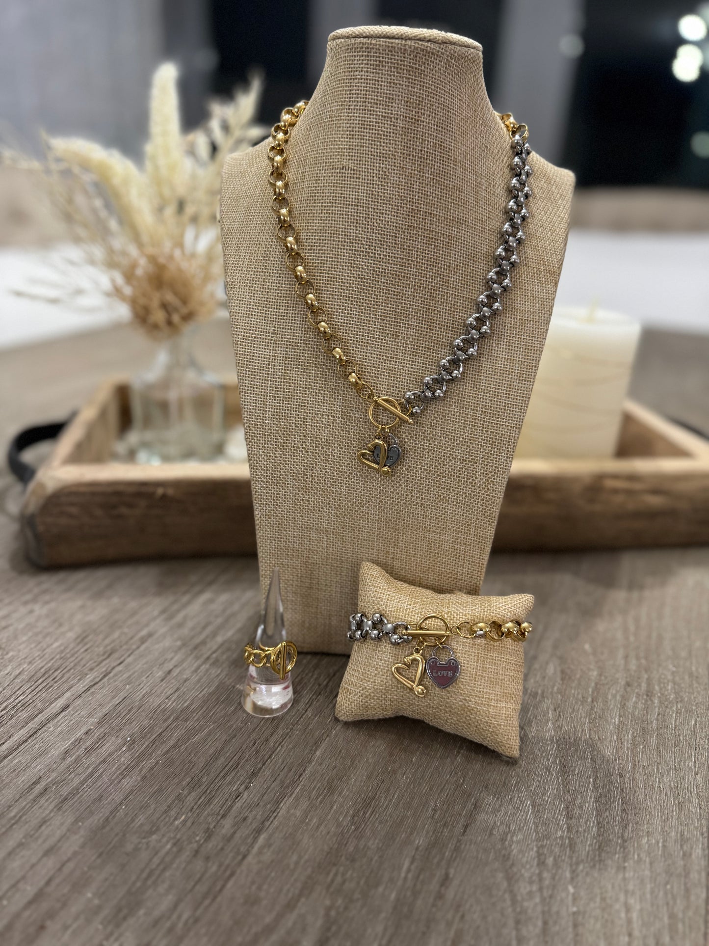 Two Tones Chunky Two Chain SS Necklace Set