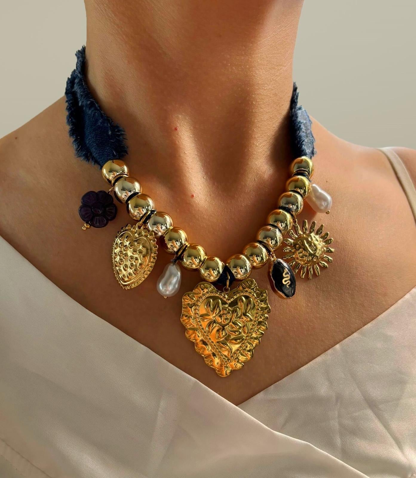 Hearts Denim Necklace
