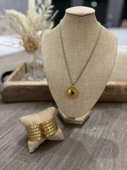 Two Tones Sun Charm SS Necklace