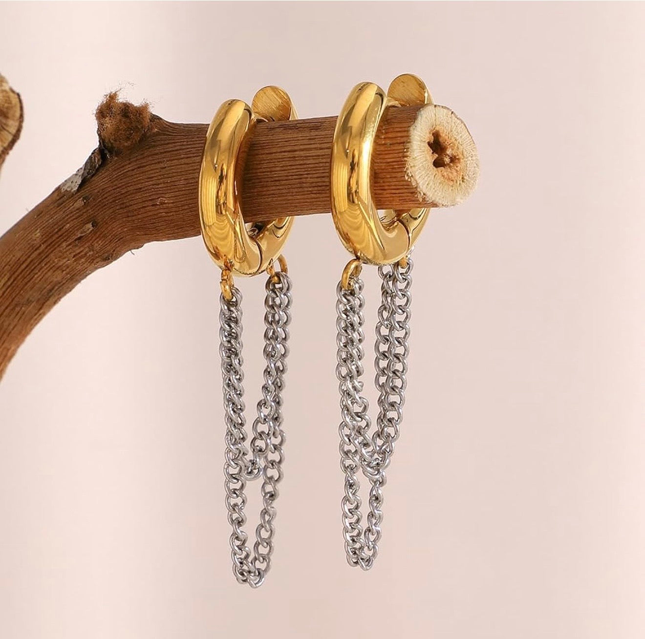 Two Tones Tassel Chain Hoops Earrings