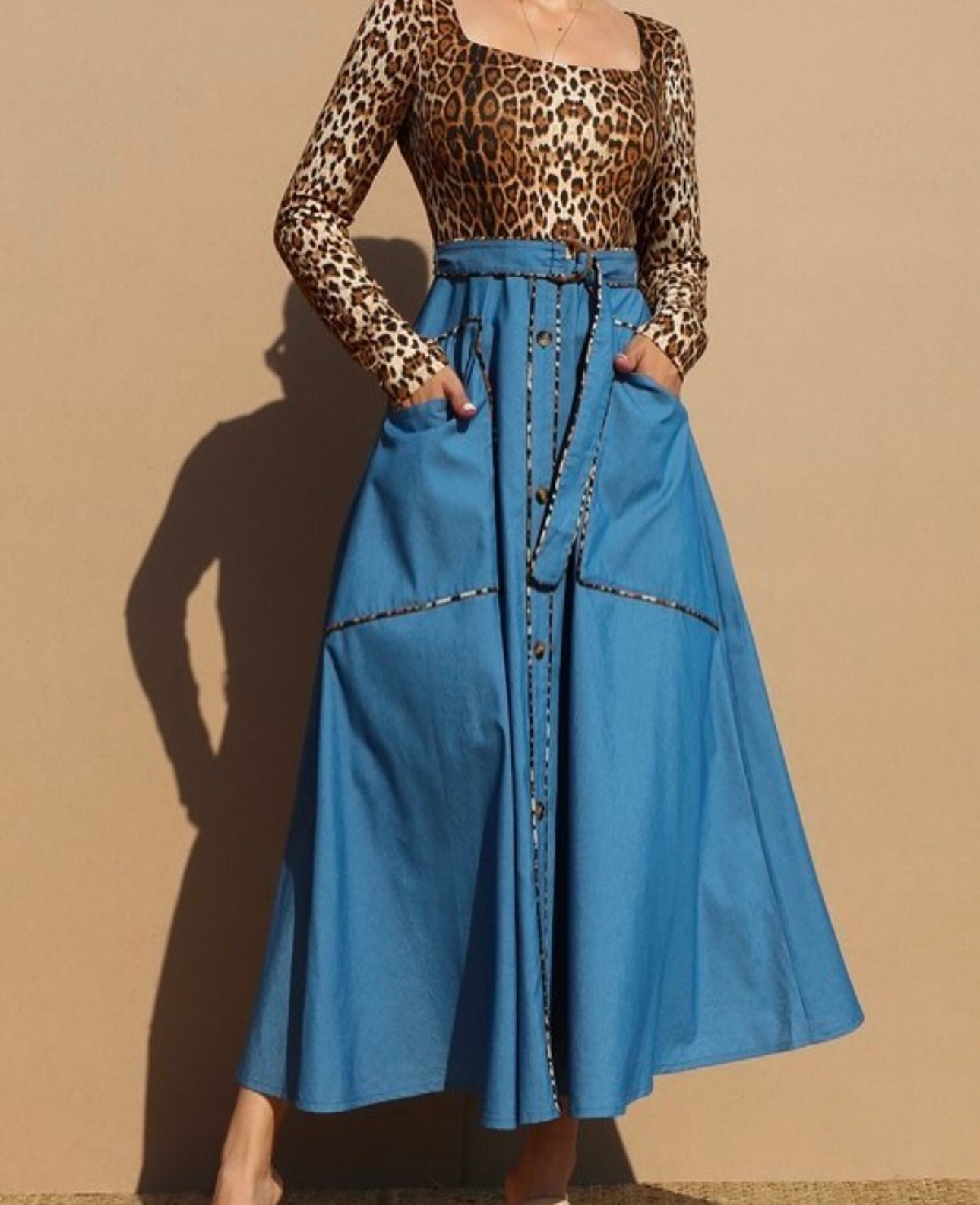 Leopard Denim Midi Dress
