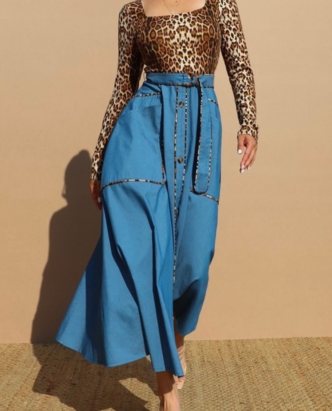 Leopard Denim Midi Dress