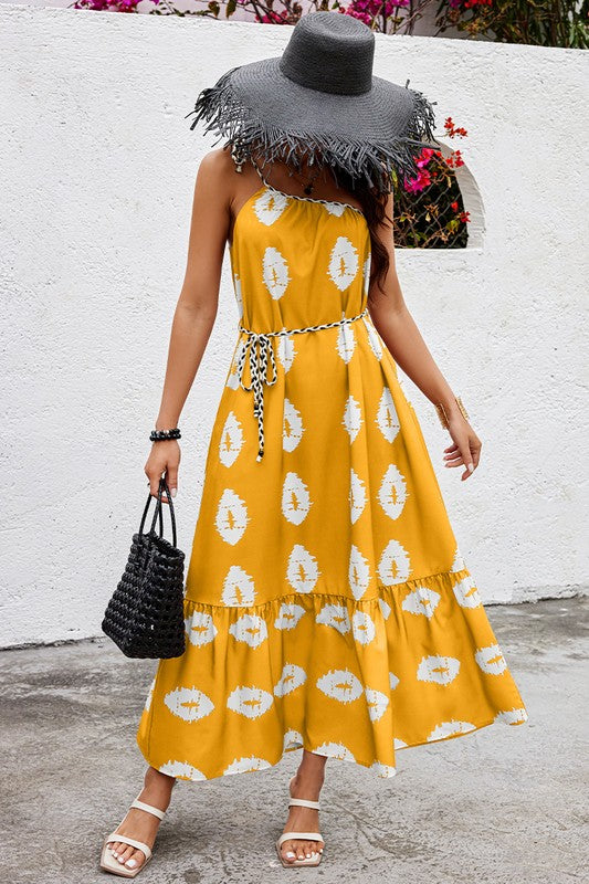 One Shoulder Print Belt Sleeveless Ruffle Dress