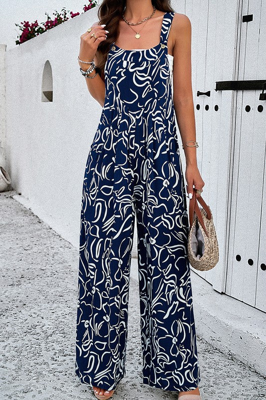 Sleeveless Button Wide Leg Pockets Jumpsuit