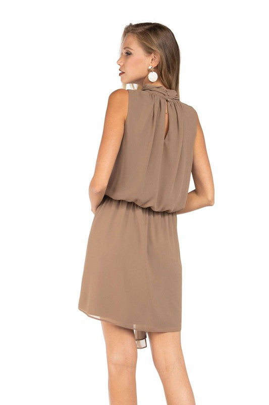 Draped Neck Sleeveless Dress with Front Tie