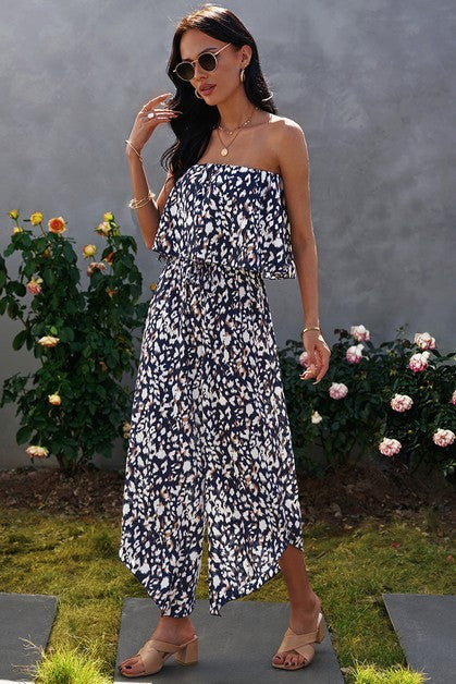 Strapless Ruffled Graphic Jumpsuit