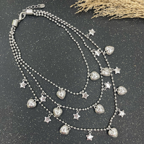 3 Layers With Hearts And Stars Turkish Silver Necklace