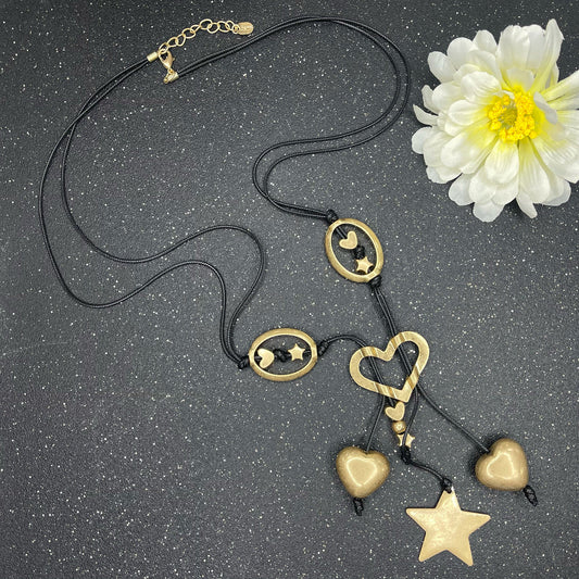 Black Cord Gold Star Turkish Necklace