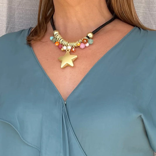 Cord Black With Star And Heart Gold Turkish Necklace