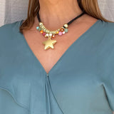 Cord Black With Star And Heart Gold Turkish Necklace
